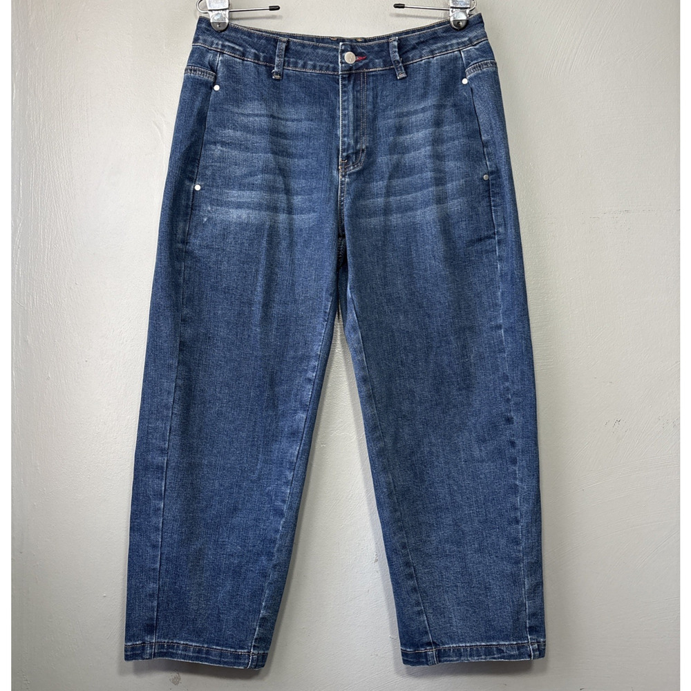 Flamingals Barrel Jeans Size Large Blue Stretch Denim Cropped Relaxed Mid Rise
